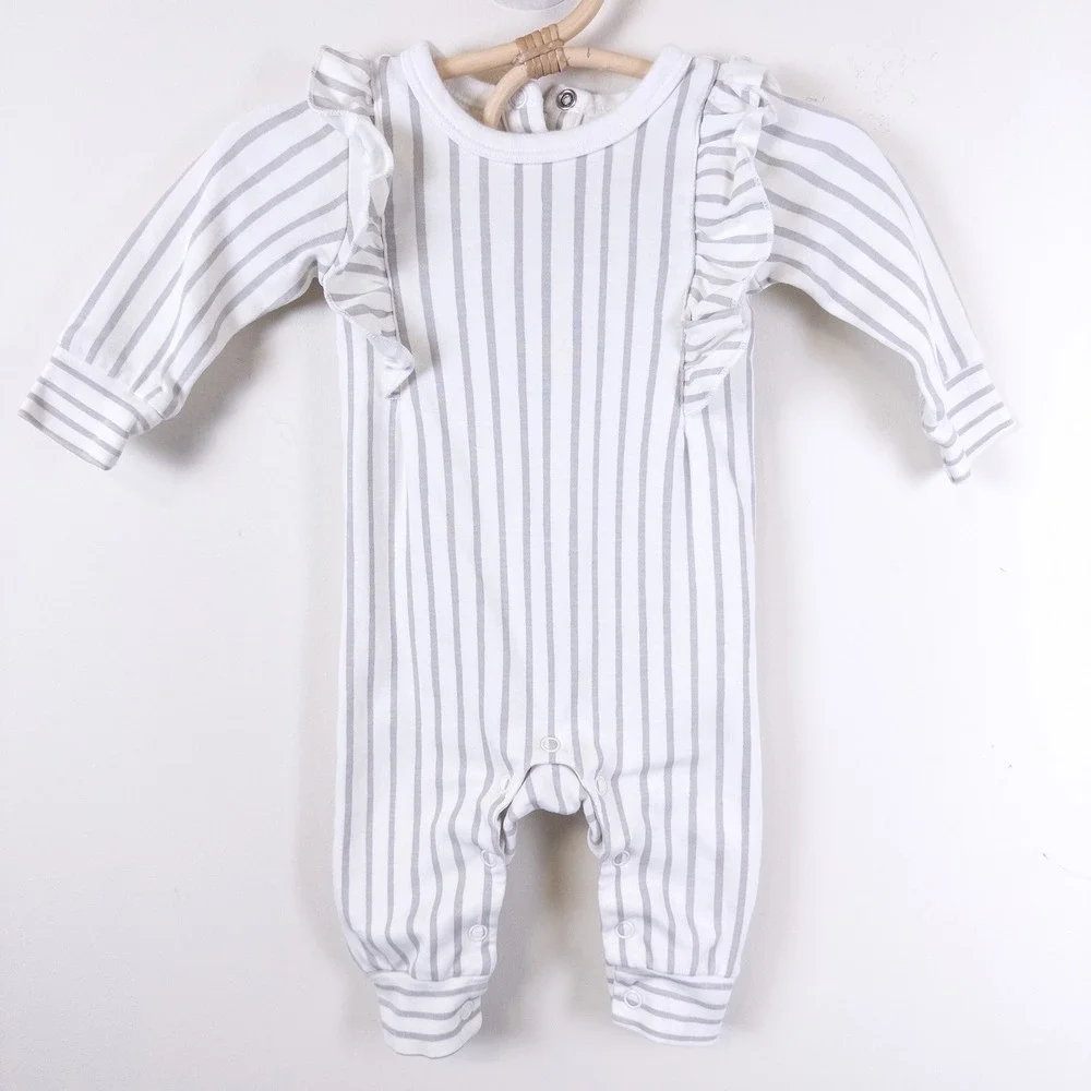 Pehr Romper‎ Kids 0-3 Months Gray Striped Ruffle Organic Cotton Long Sleeve